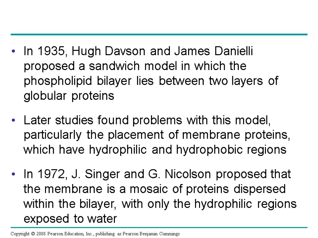 In 1935, Hugh Davson and James Danielli proposed a sandwich model in which the